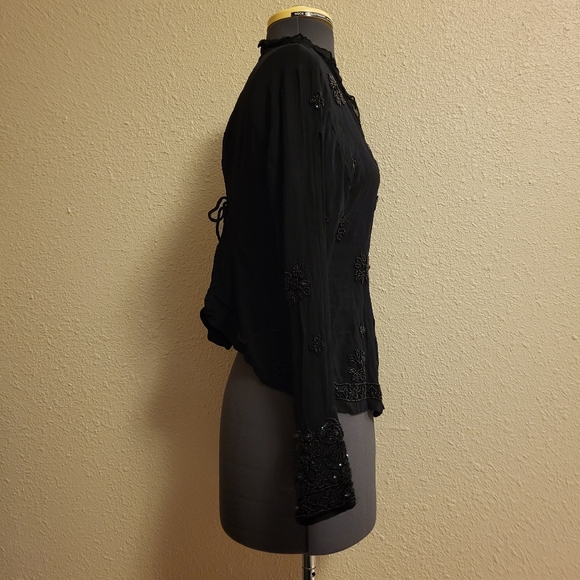 Papillon Sheer Black Beaded & Sequined Button-Up Top Size Large - Picture 4 of 13